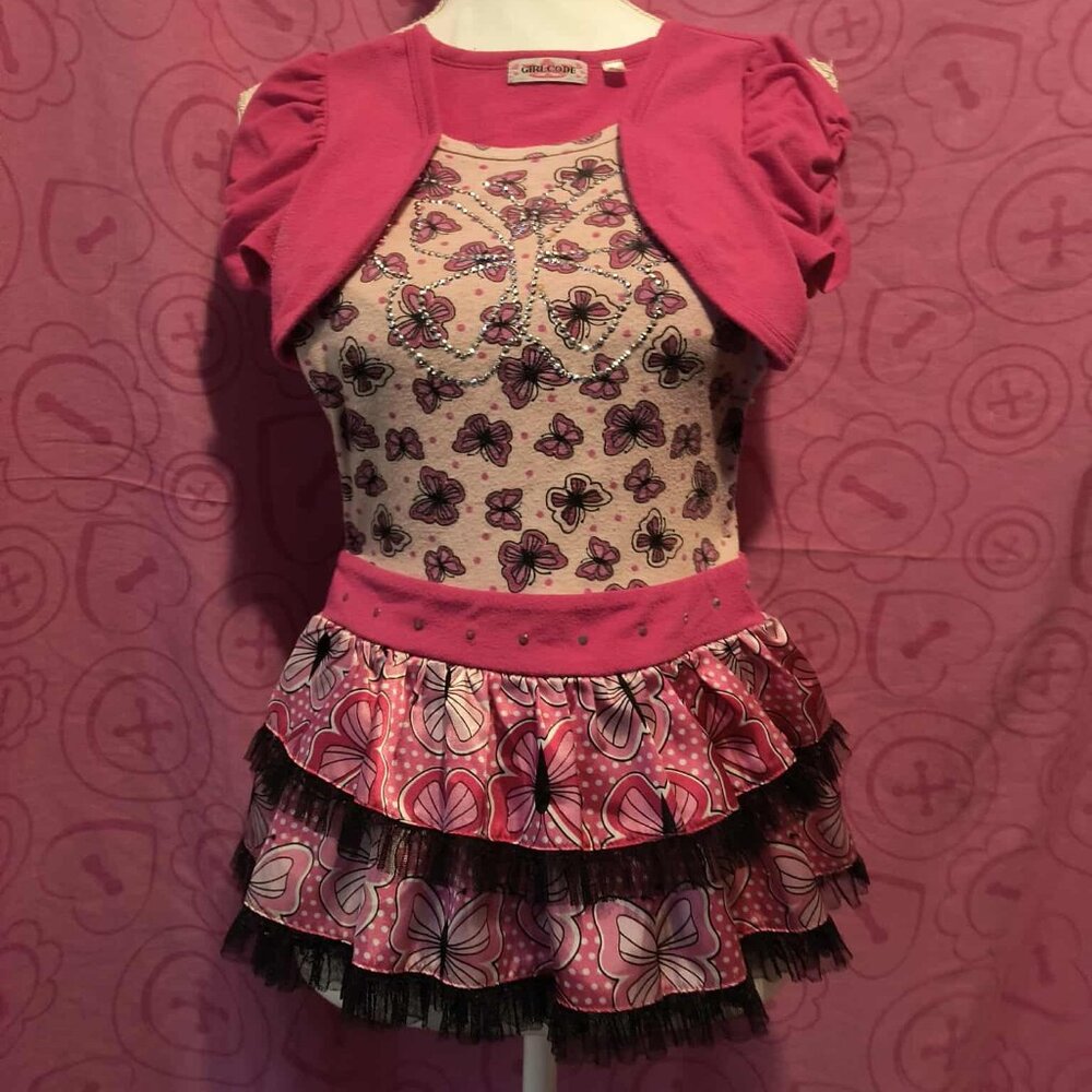 Y2K Pink Butterfly Layered Mini Dress / Top Set – 2000s Coquette Fairycore Indie